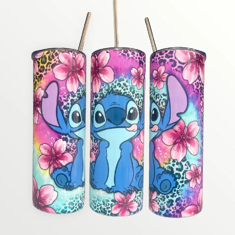 Portable Drinkware Disney Lilo and Stitch Tumbler Flower and Leopard Print 20/30oz Insulated Skinny Tumbler