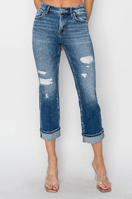 Day-To-Night Styles RISEN Full Size Cuffed Ankle Distressed Straight Jeans