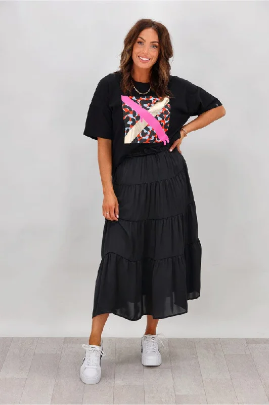 Bold Silhouette Shine On Label Bonnie Satin Tiered Midi Skirt Black