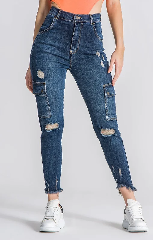 Trendy Street Style Dark Blue Core Cargo Jeans
