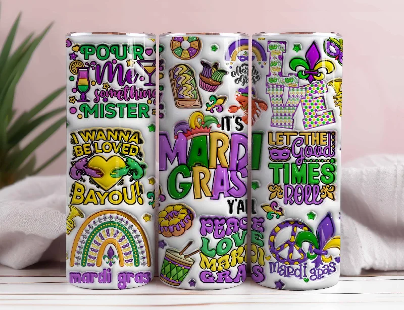 Elegant Glassware Sale 3D Inflated Mardi Gras 20 oz tumbler png, It's Mardi Gras Y all tumbler wrap png, Happy Mardi Gras 20 oz tumbler designs, New Orleans png