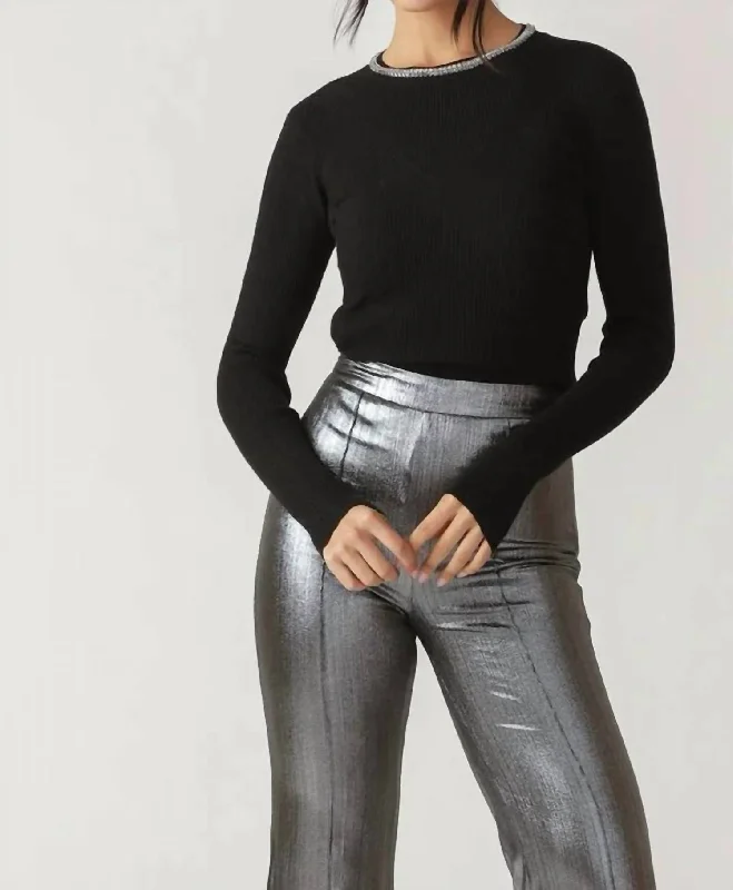 Casual Yet Stylish Separates Rhinestone Neckline Knit Top In Black