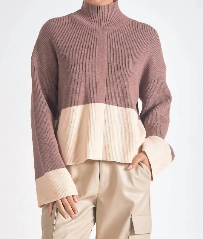 Wardrobe Essentials Vivianne Color Block Mock Neck In Plum Gray