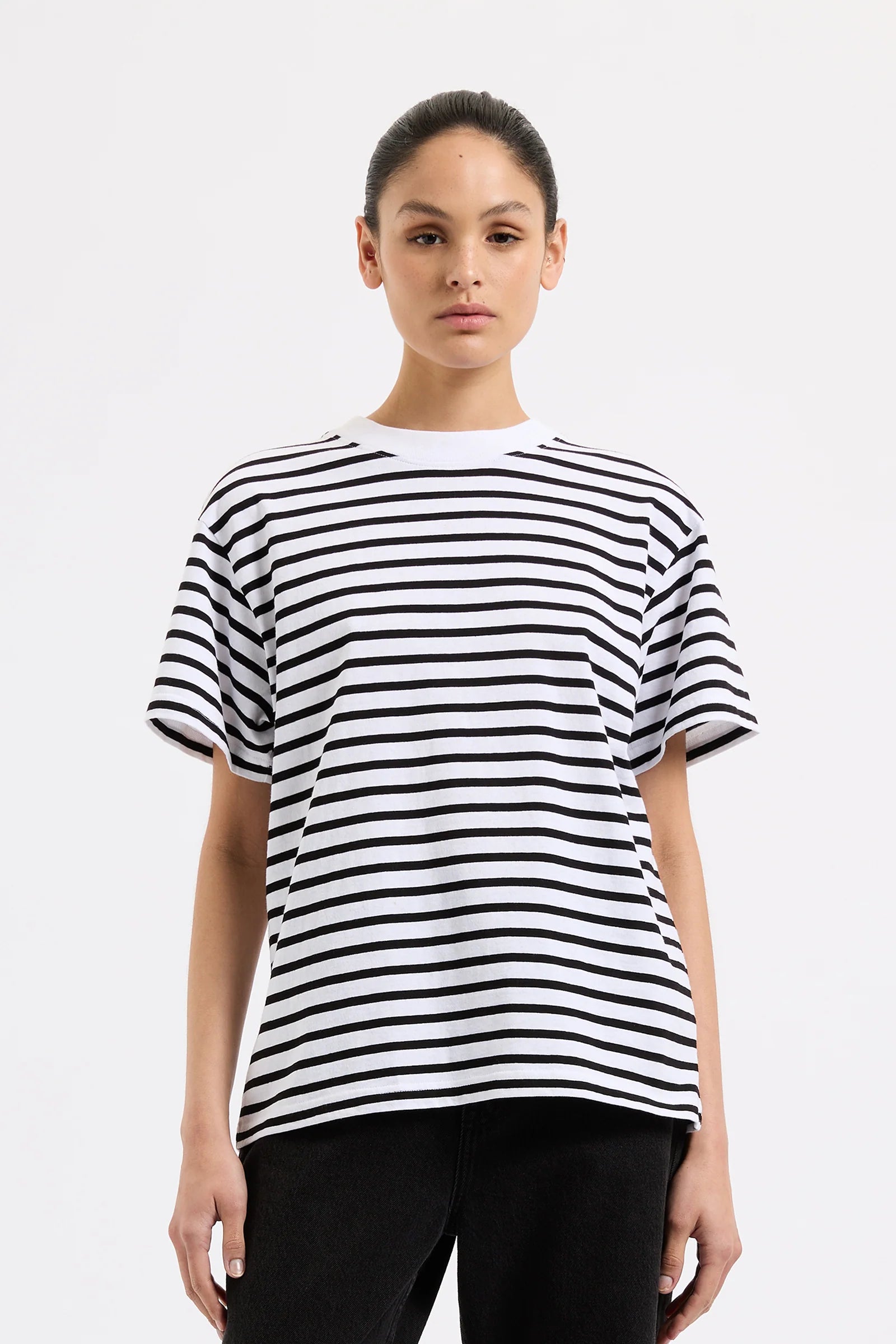 Chic Wardrobe Essentials Organic Stripe Boyfriend Tee - Black Stripe