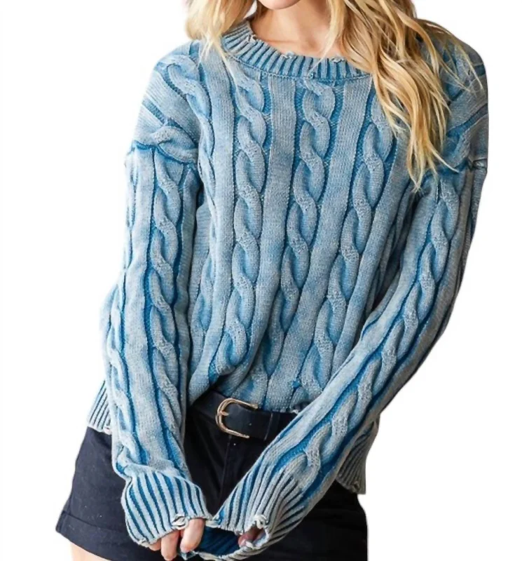 End Of Season Sale Cable Knitted Mineral Wash Sweater In Washed Denim