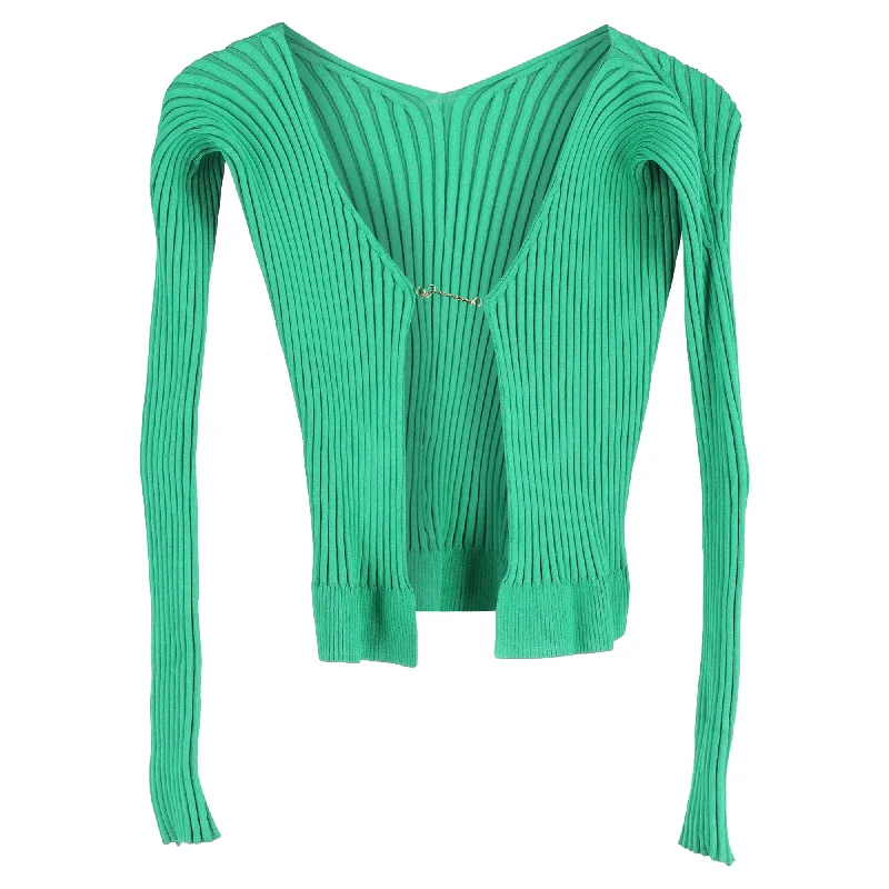 Exclusive Sale Jacquemus Pralù Cropped Embellished Ribbed-knit Cardigan In Green Viscose