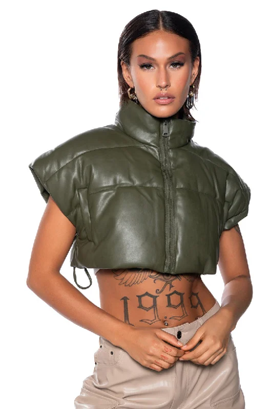 Y2K Nostalgic Fashion Look ULTRA CROP PU VEST WITH PULL STRINGS IN OLIVE