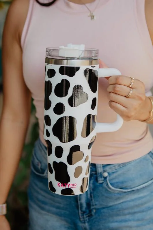 Casual Chic Black/White Cow Print Insulated Tumbler Cup with Handle