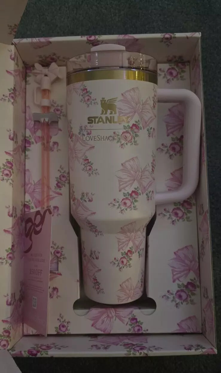 Holiday Drinkware Offers Stanley x LoveShackFancy Holiday Quencher 2024 Rosa Beaux Pink 40 Oz Tumbler