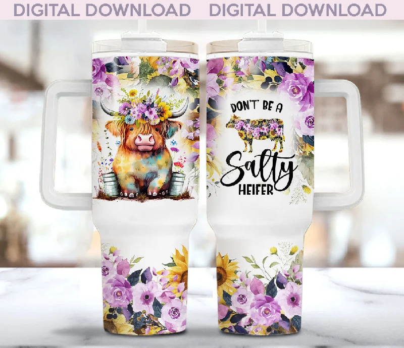 Imited-Time Drinkware Sale Don't Be A Salty Heifer 40oz Tumbler PNG Highland Cow Sunflower 40oz Tumbler Wrap, 40oz Quencher Sunflower Highland Cow Sublimation Design
