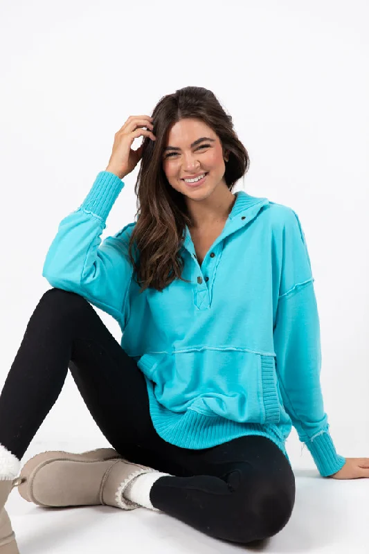 Redefining Women's Fashion Just Go With It Blue Oversized Henley Pullover SALE