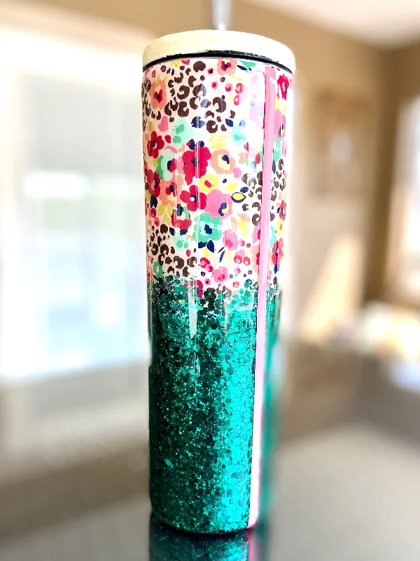 Luxury Drinkware Promotion READY TO SHIP 30 oz Teal and Floral Leopard tumbler