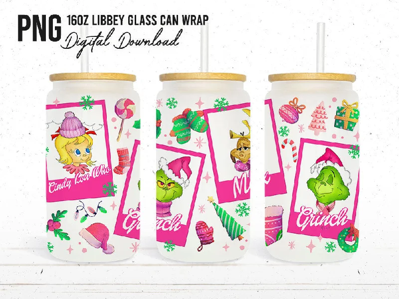 Green Drinkware Offer Cartoon Christmas Tumbler Wrap, 16oz Can Glass Wrap, Merry Christmas Can Glass, My Day Libbey Can Glass, Christmas Vibes,Pink Christmas Wrap