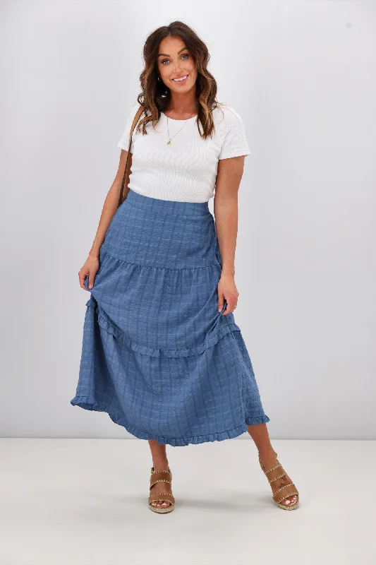 Winter Warm - Up Sale Shine On Label Zeppelin Tiered Maxi Skirt  Denim Blue