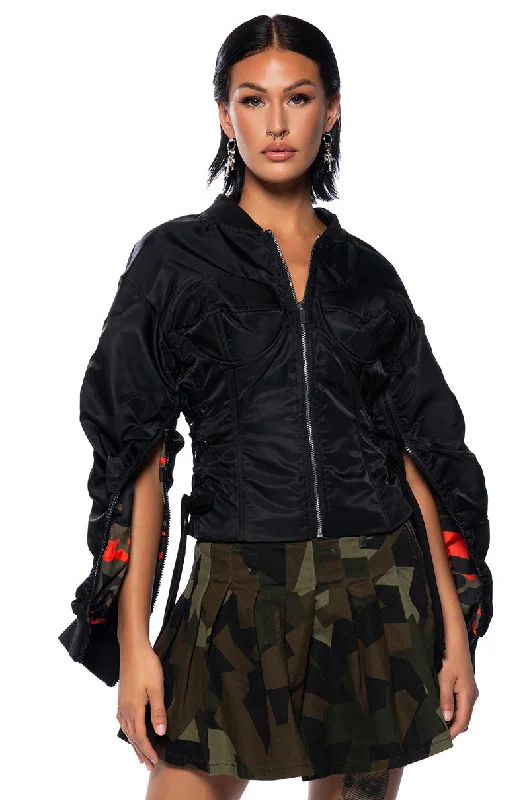 Rustic Countryside Charm Look FITTED BOMBER WITH ADJUSTABLE SIDE LACE