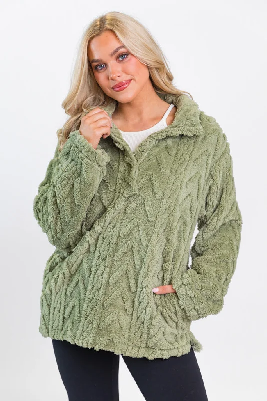 Signature Style Essentials Take The Leap Olive Cable Detail Sherpa Pullover SALE